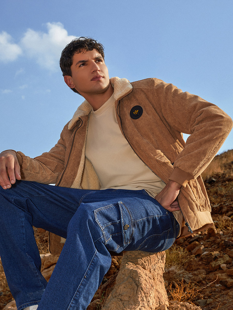 Buy Faux Fur Collar Corduroy Utility Jacket Beige For Men