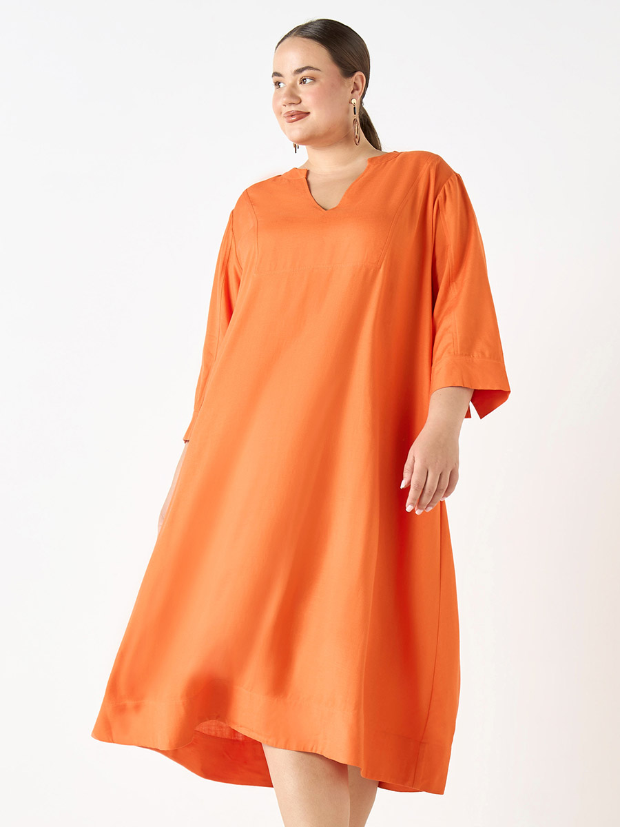 Plus Size Solid Dress with Notch Neck and 3/4 Sleeves For Women at