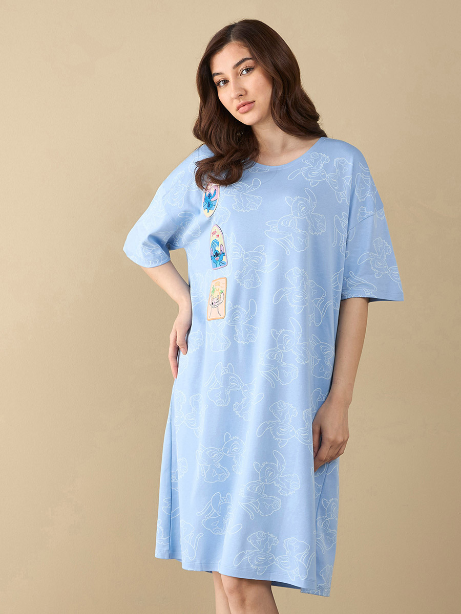 Buy All Over Stitch Print Sleep T Shirt Dress with Short Sleeves Blue For Women Styli UAE