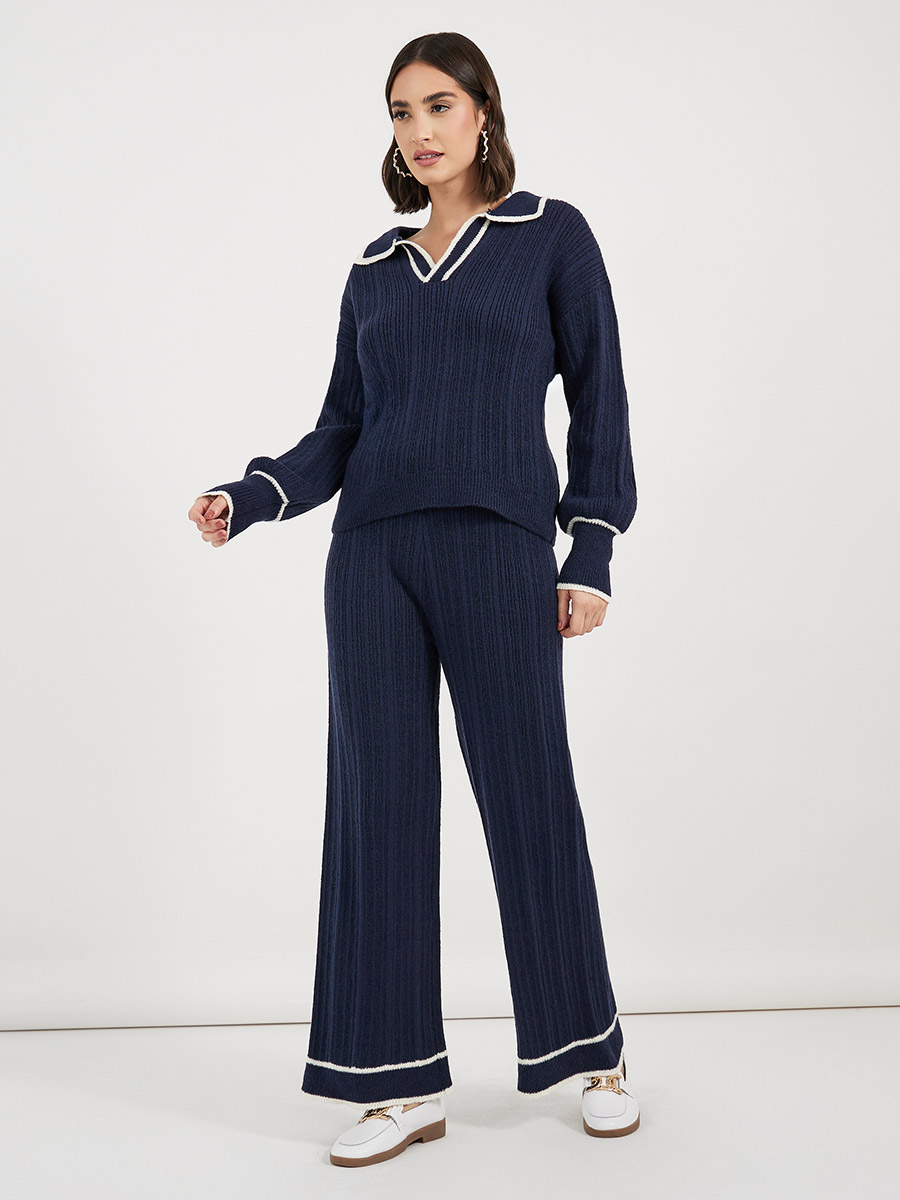 Contrast Piping Detail Knitted Sweater and Wide Leg Pants Co-Ords