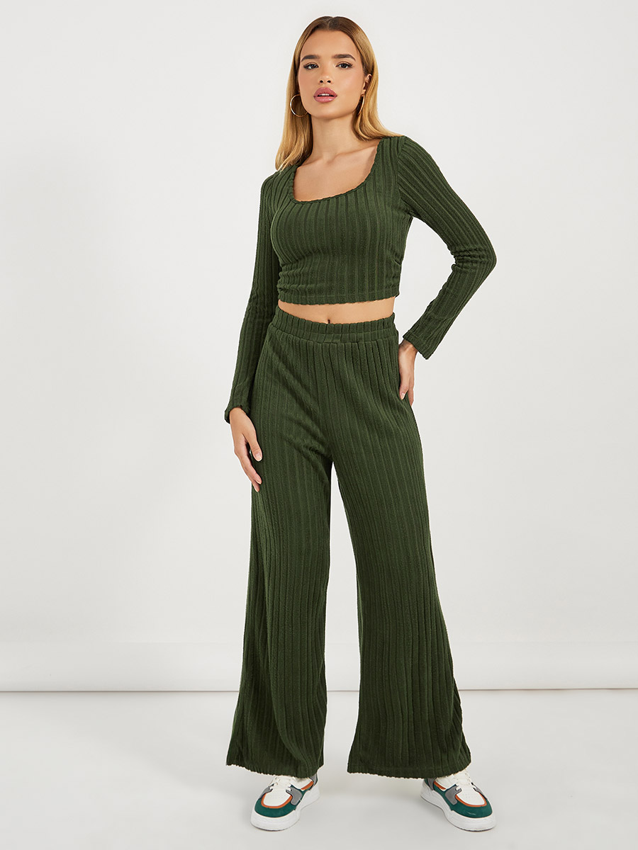Rib Knit Crop Top and Wide Leg Joggers Co-Ords For Women at Kuwait