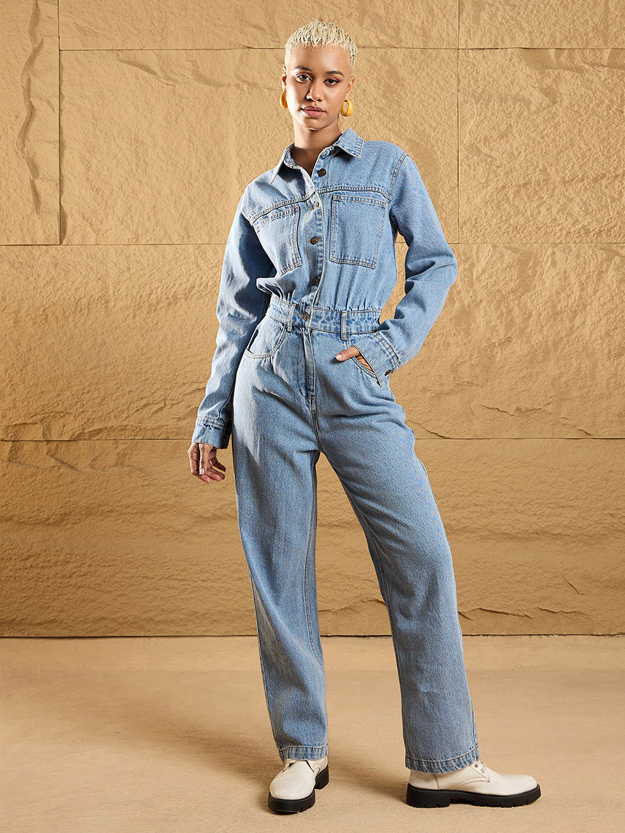 Button Front Detail Denim Jumpsuit For Women at Kuwait Styli