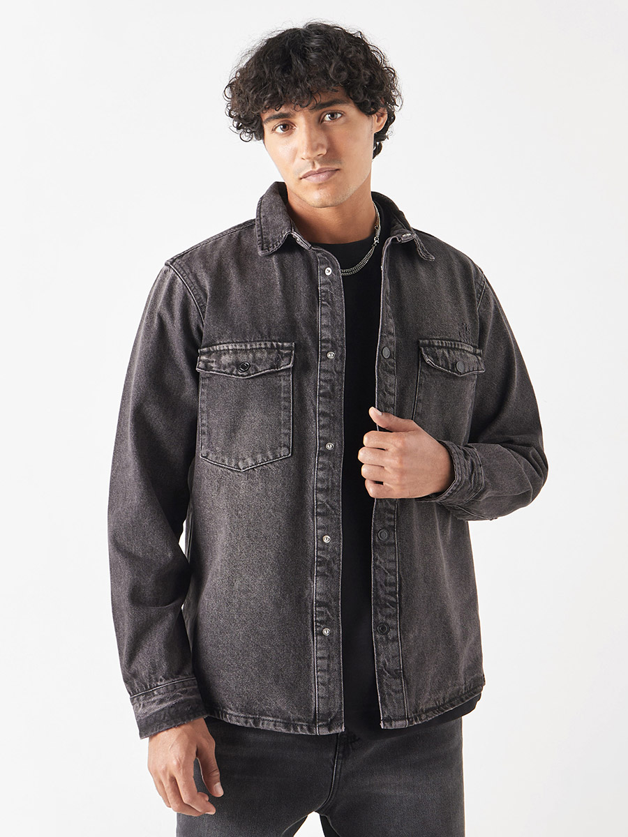 Regular Fit Solid Denim Shirt with Flap Pocket For Men at Kuwait
