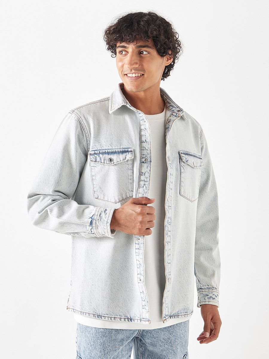 Regular Fit Solid Denim Shirt with Flap Pocket For Men at Bahrain
