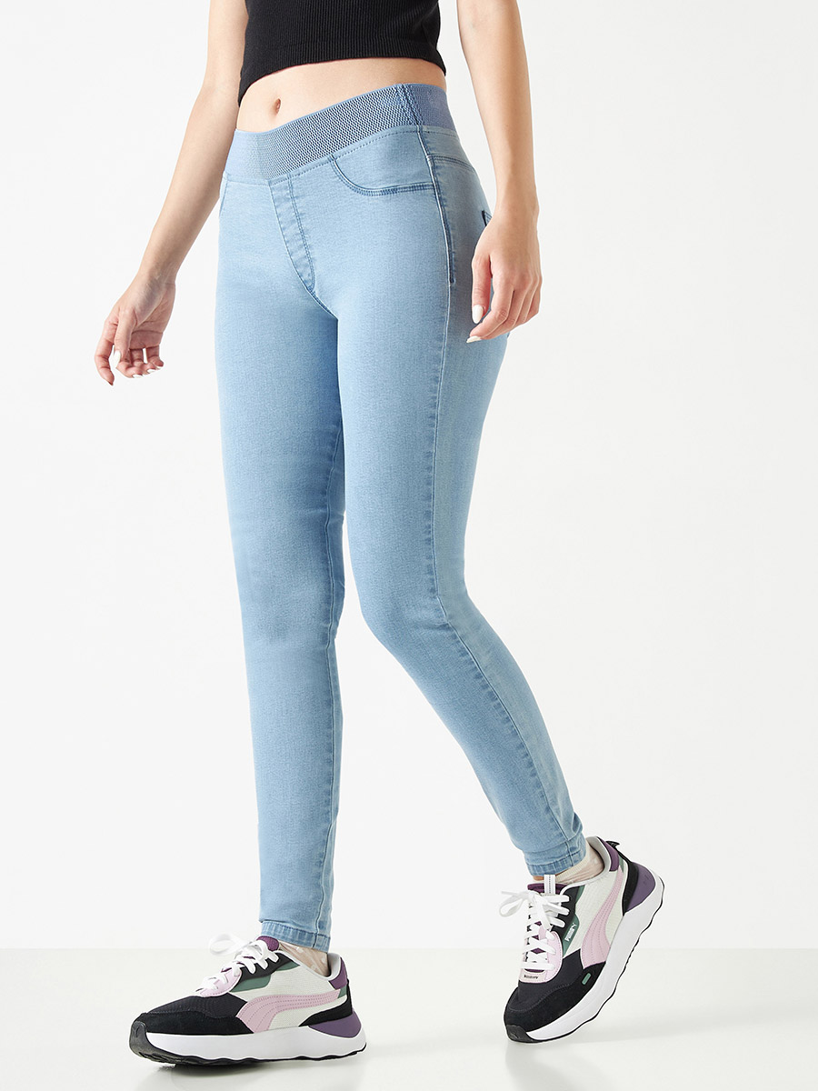 Buy Solid Denim Jeggings with Elasticated Waistband Blue For Women