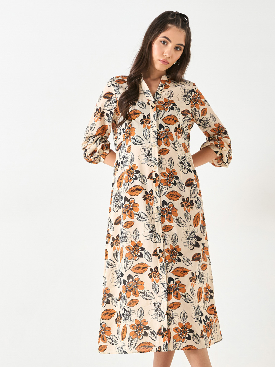 Floral Print Mandarin Collar Shirt Midi Dress For Women at Saudi