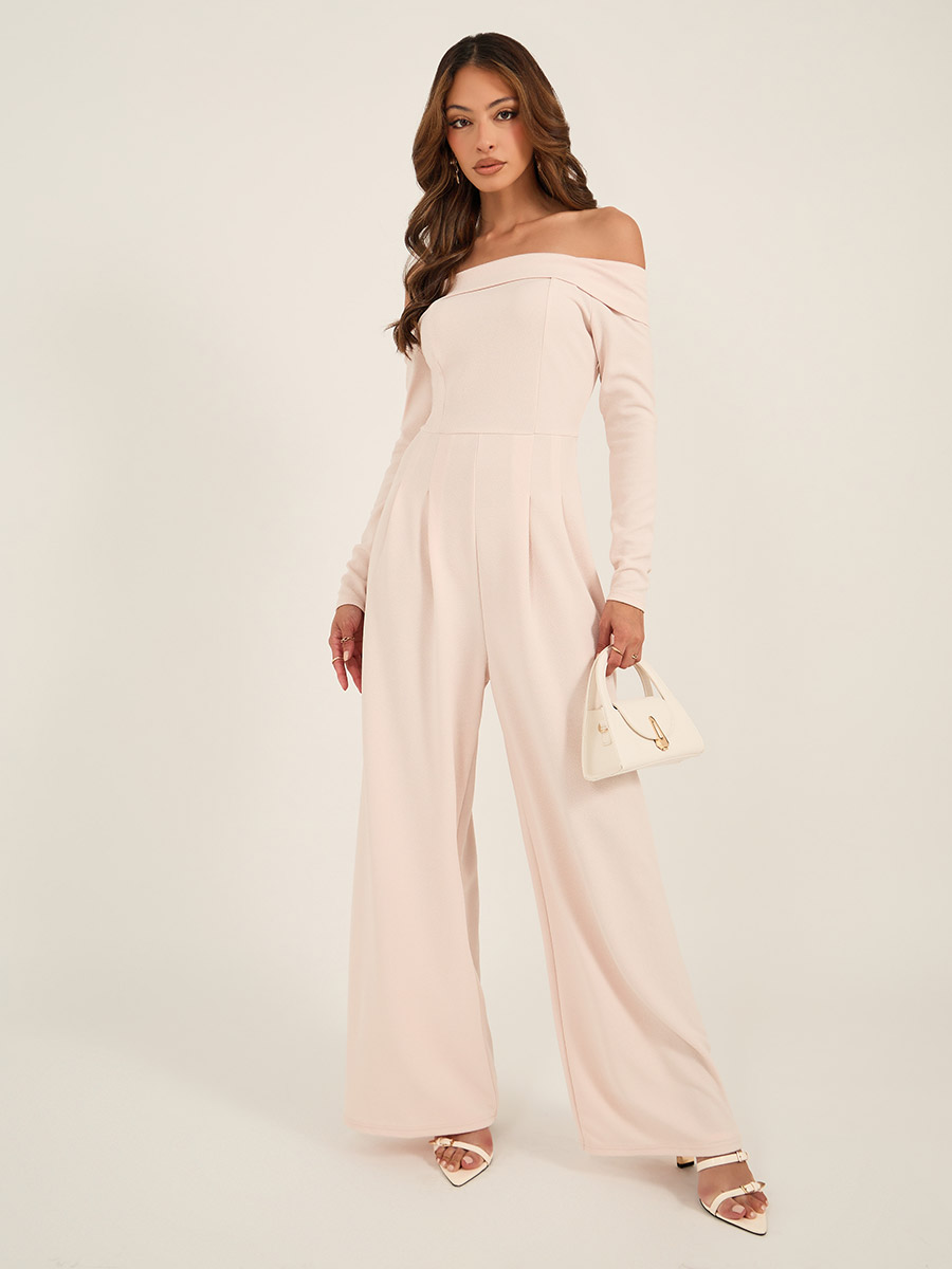 Solid Bardot Neckline Wide Leg Jumpsuit For Women at Kuwait Styli