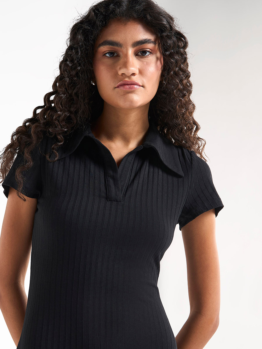 Buy Ribbed T-Shirt Midi Dress with Collar and Short Sleeves Black