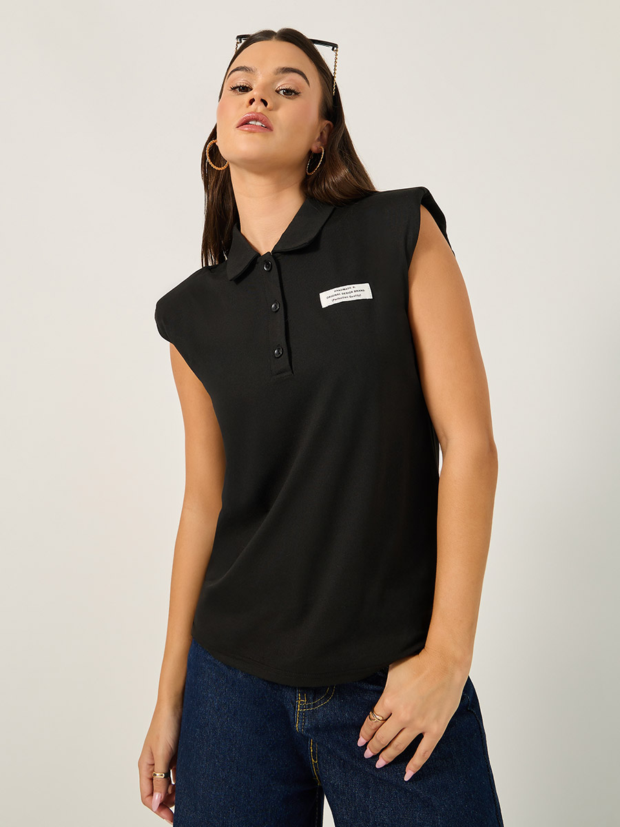 Regular Fit Knit Padded Shoulder Top with Patch Detail For Women - Main Image