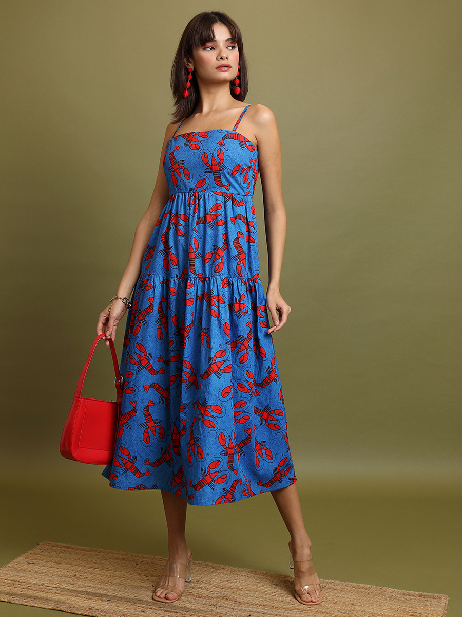 Graphic Print Strappy Tiered Cotton Midi Dress For Women at UAE