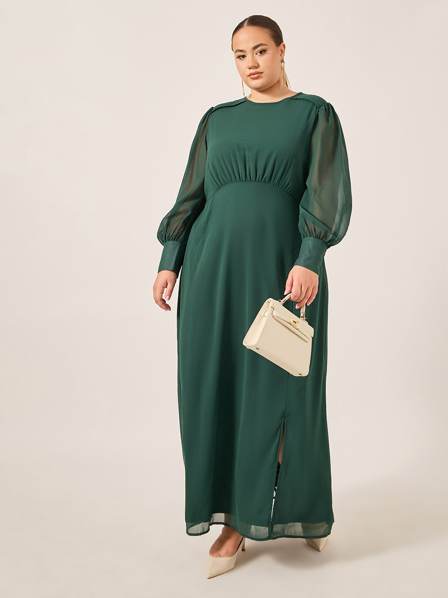 Plus Size Balloon Sleeve Chiffon A-Line Maxi Dress For Women at