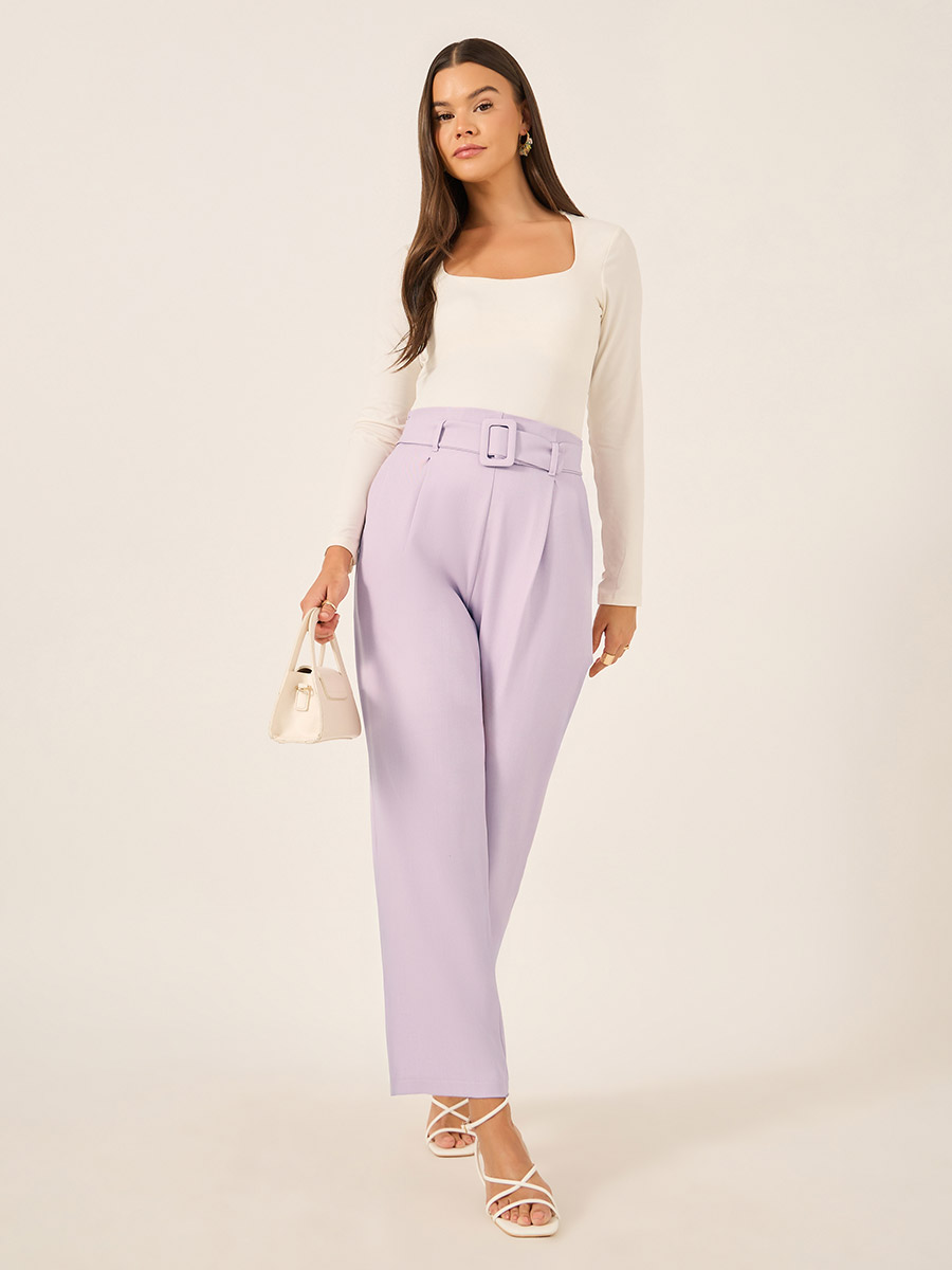 High Rise Tapered Fit Belted Pants For Women at UAE Styli