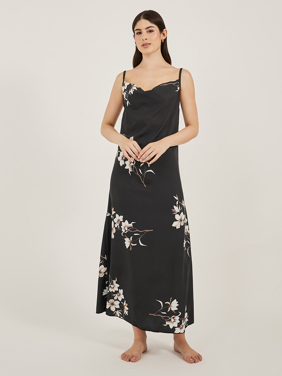 Floral Print Cowl Neck Satin Slip Dress with Deep V Back For Women