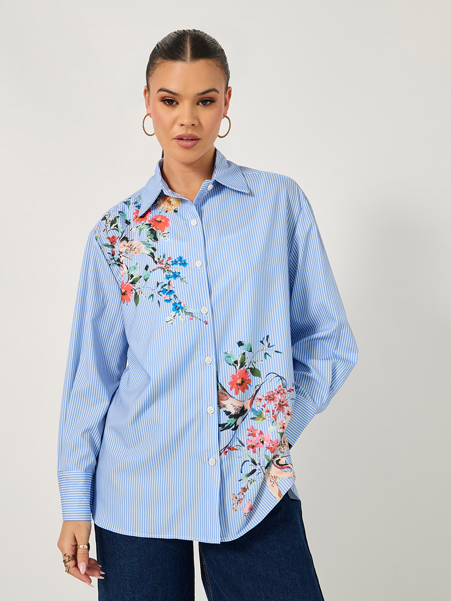 Long Sleeves Oversized Floral Printed Collared Shirt For Women at
