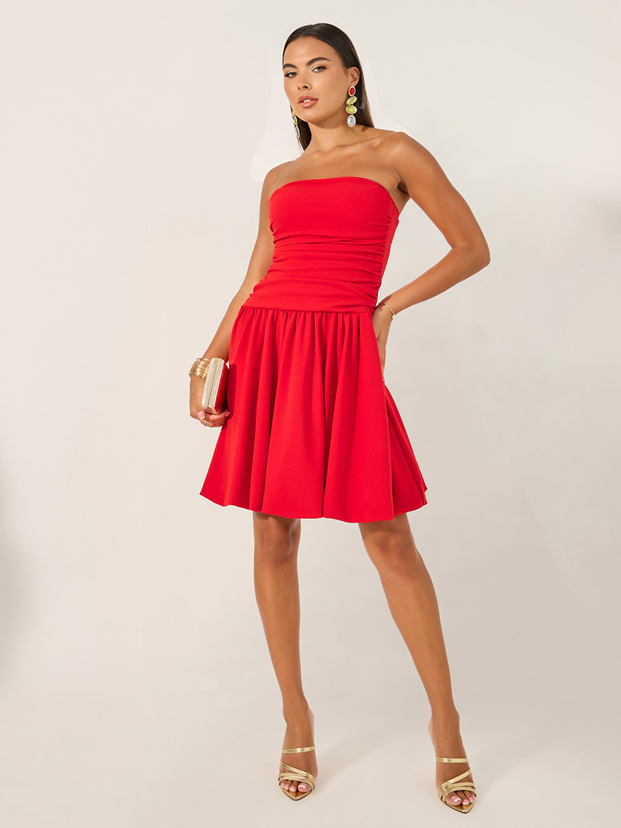 Plain Ruched Strapless A-Line Knee-Length Dress For Women at UAE