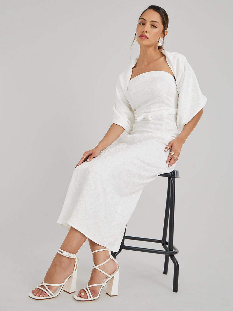 Jacquard Bardot Neck Sheath Maxi Dress with Cape Overlay For Women