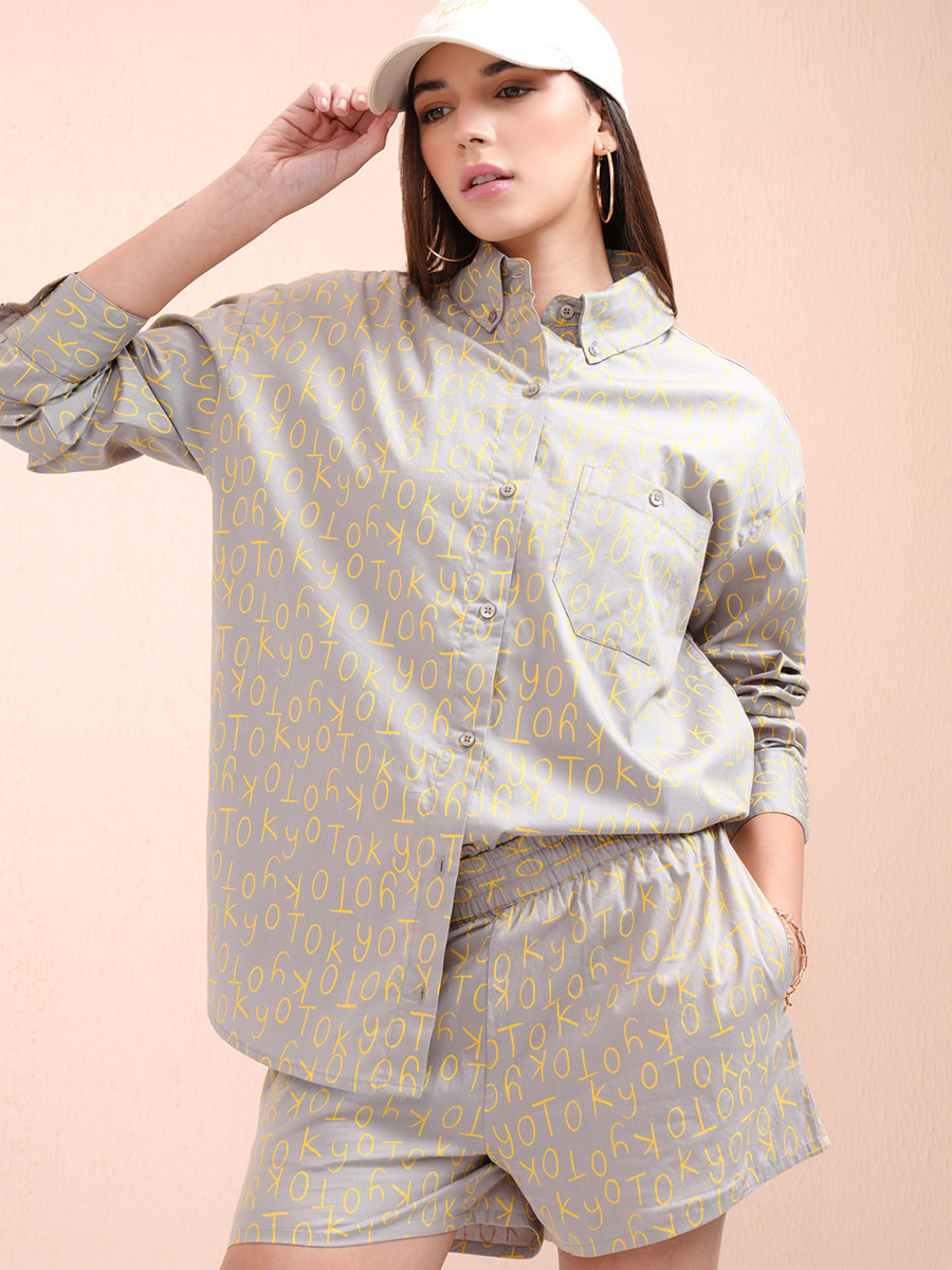 All-Over Print Collared Shirt with Mid Rise Shorts Co-Ords For