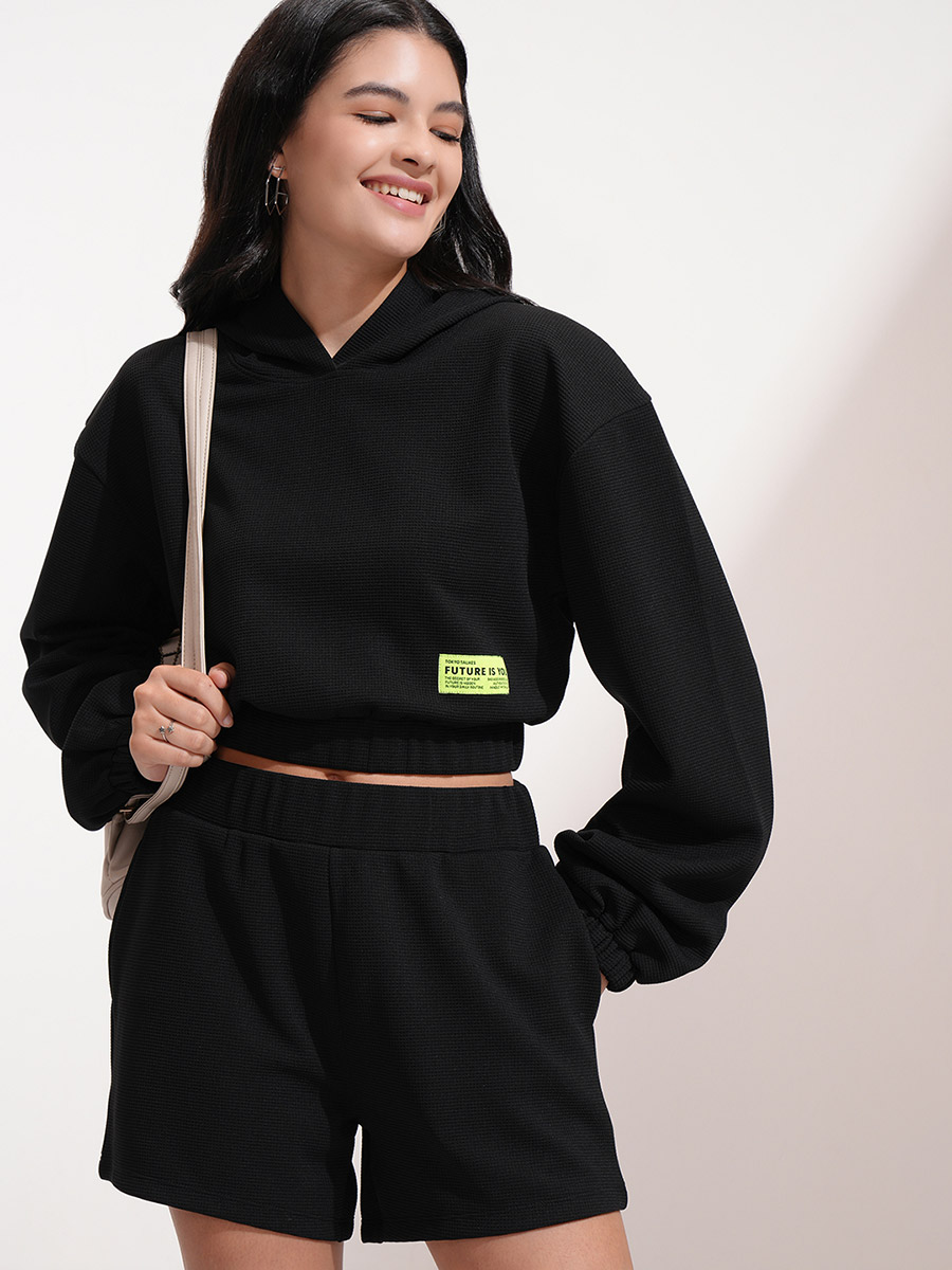 Solid Hooded Neck Top with Patch Detail and Shorts Co-Ords For