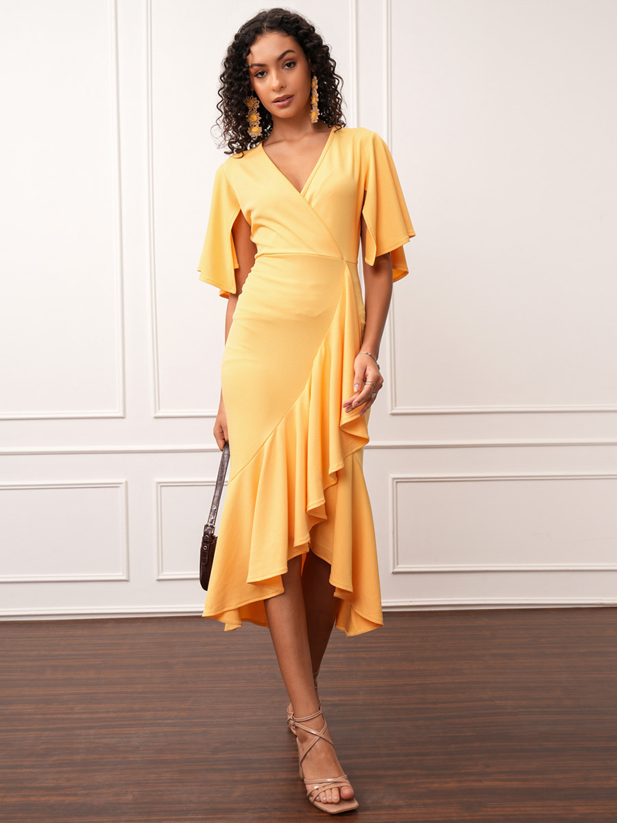 Solid Asymmetrical Hem Ruffled V-Neck Midi Dress For Women at