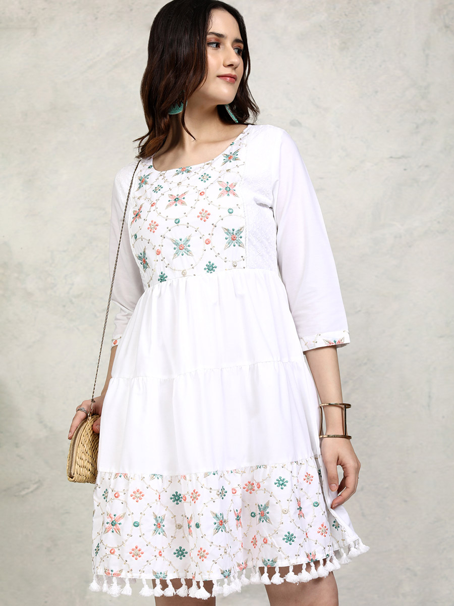 Floral Embroidered Fit and Flare Mini Dress with Tassel Detail For