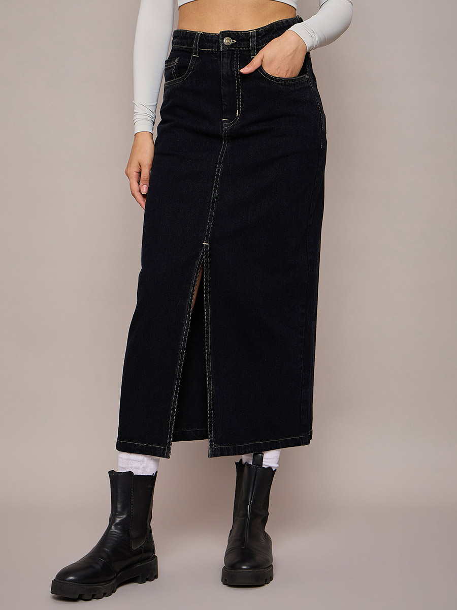 Plain Front Slit Denim A-Line Midi Skirt For Women at Kuwait Styli
