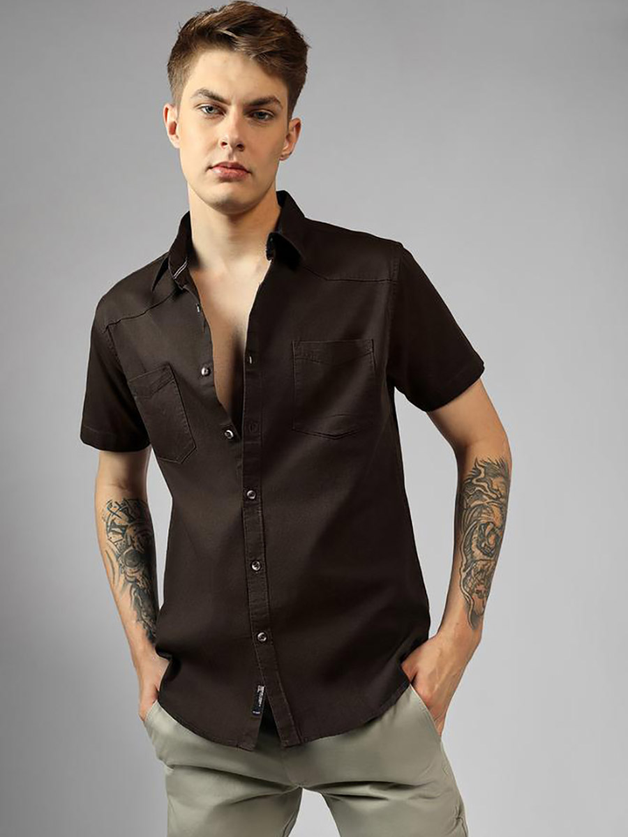 Solid Regular Fit Collared Shirt with Pockets For Men at Bahrain