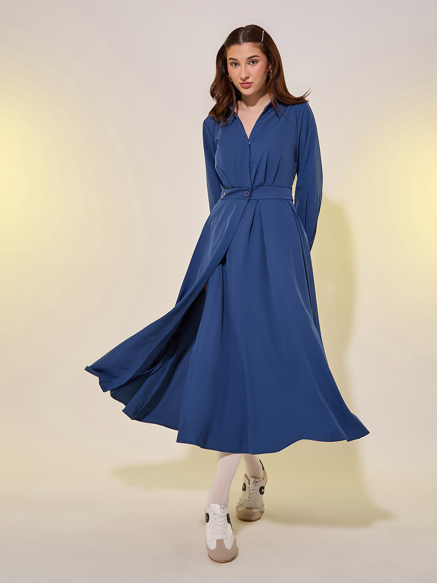 Solid Long Sleeve Wrap Look A-Line Midi Dress For Women at Bahrain