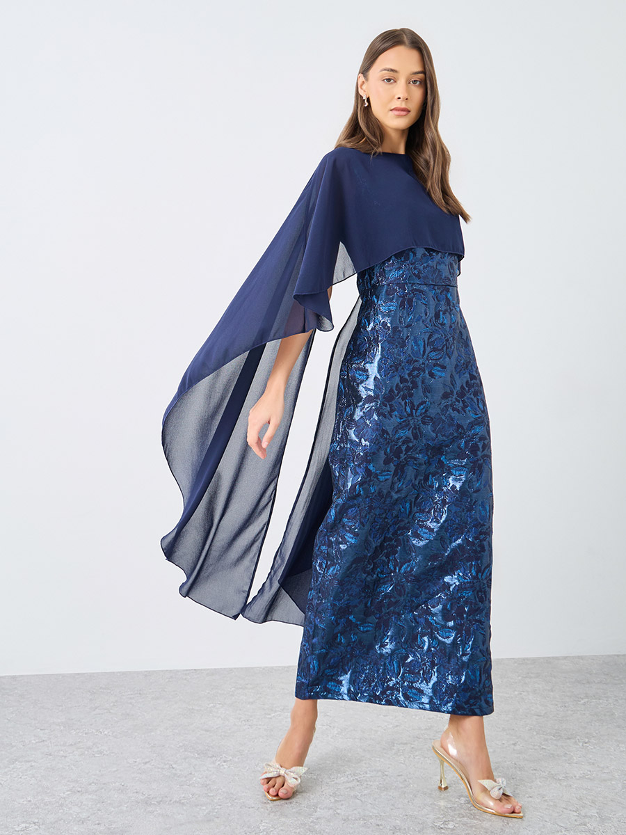 Buy Jacquard Chiffon Cape Sleeve Cape Maxi Dress Blue For Default ...