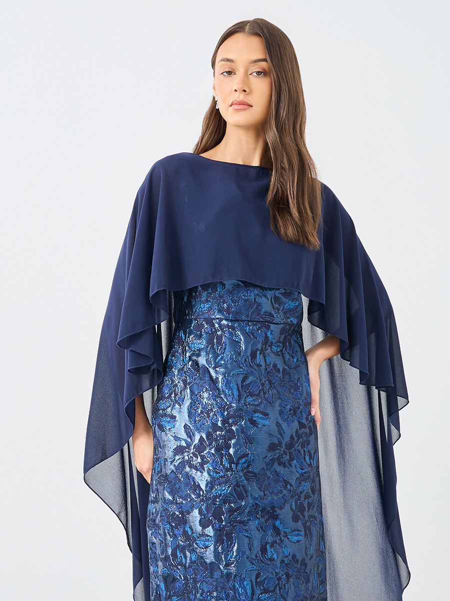 Buy Jacquard Chiffon Cape Sleeve Cape Maxi Dress Blue For Default ...