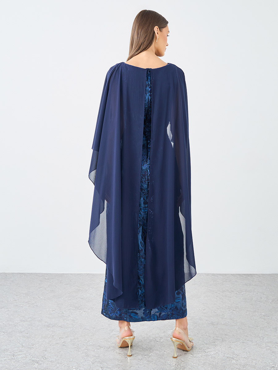 Buy Jacquard Chiffon Cape Sleeve Cape Maxi Dress Blue For Default ...