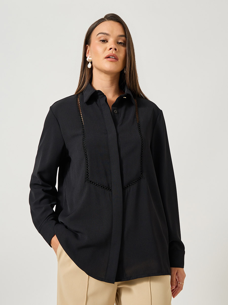 Solid Oversized Spread Collar Shirt with Lace Detail For Women at