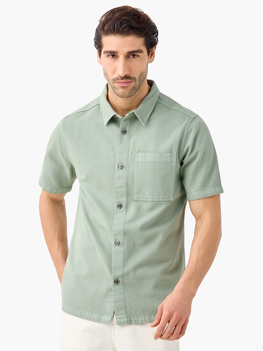 Regular Fit Denim Shirt with Collar and Short Sleeves For Default