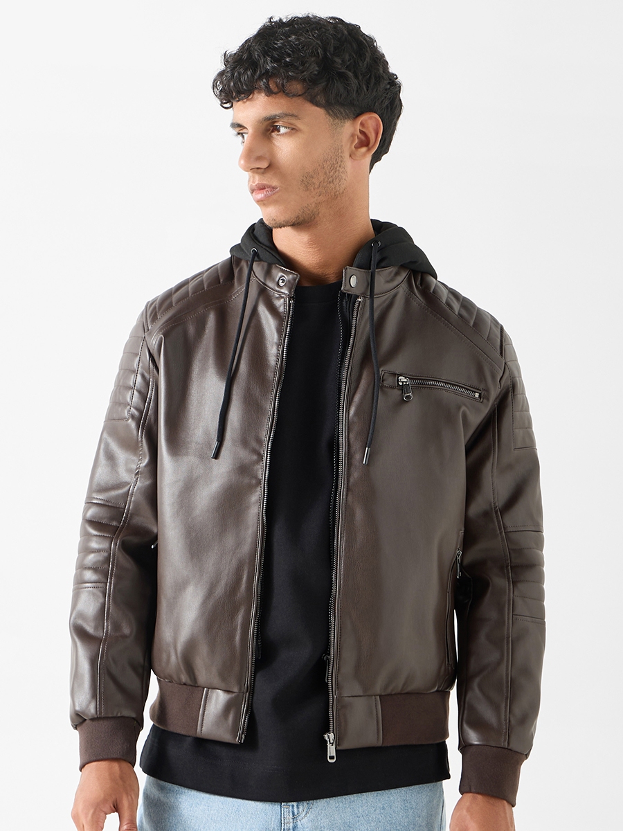 Lee Cooper Solid Zip Through Biker Jacket with Hood and Pockets