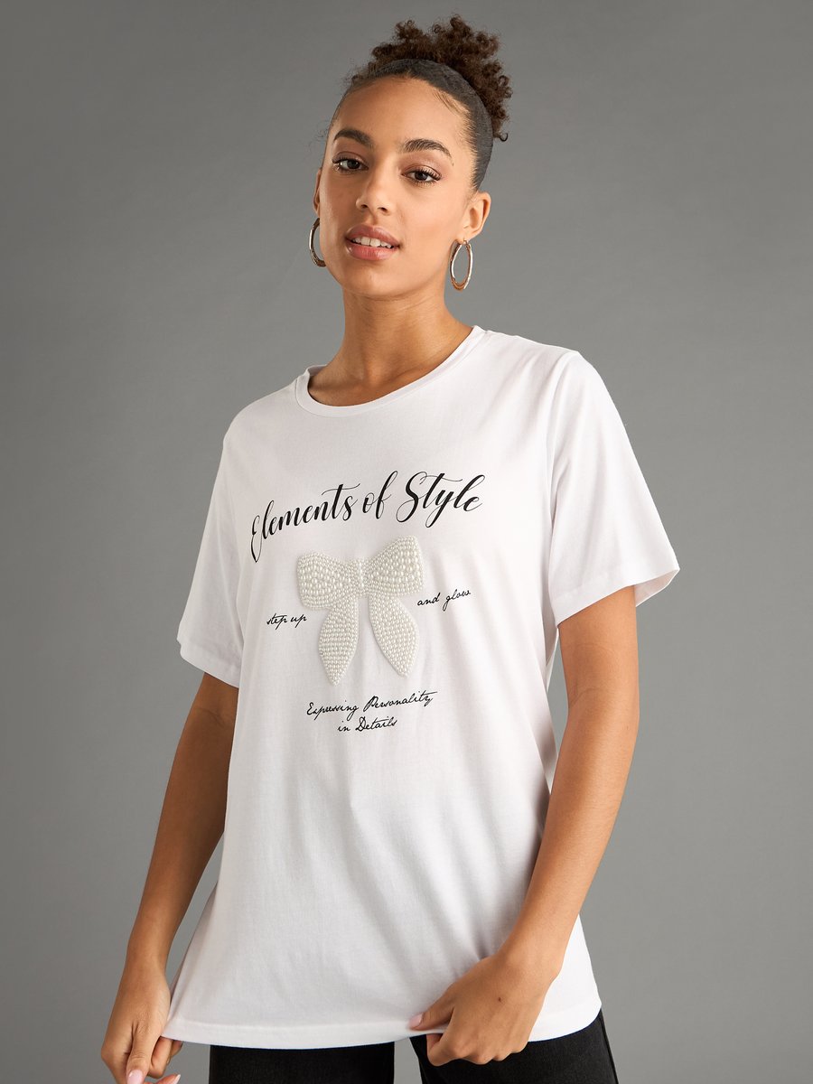 Buy Pearl Bow Embellished T-Shirt White For Default Category