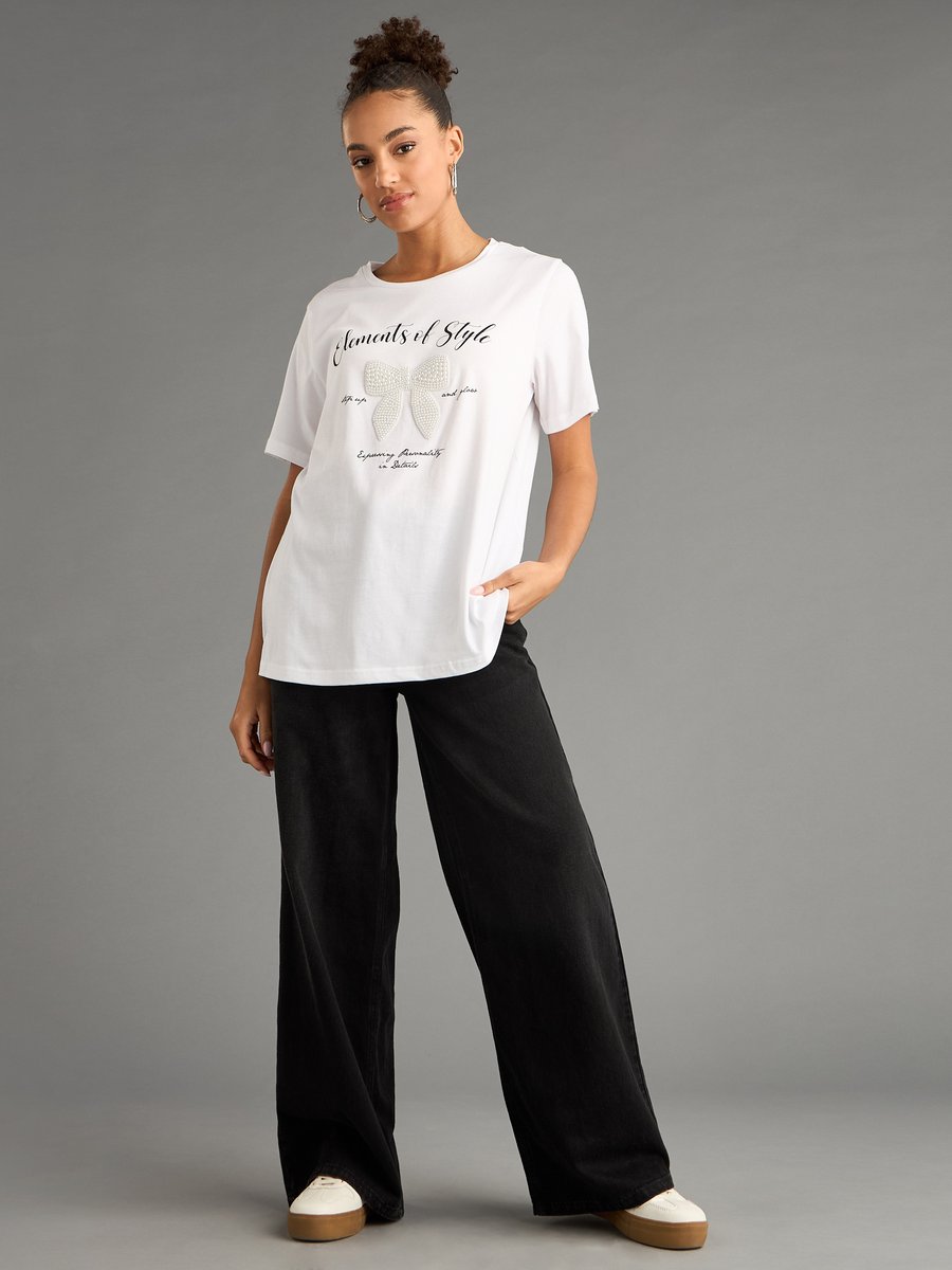 Buy Pearl Bow Embellished T-Shirt White For Default Category