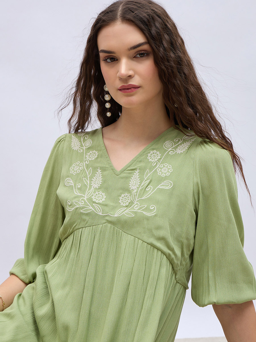 Pure Cotton Embroidered V-Neck A-Line Dress