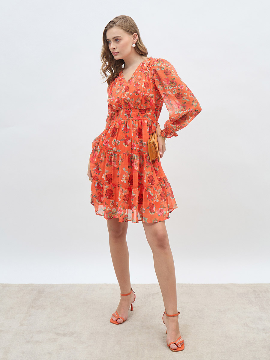 All-Over Floral Print V Neck A-Line Knee Length Dress For Women at