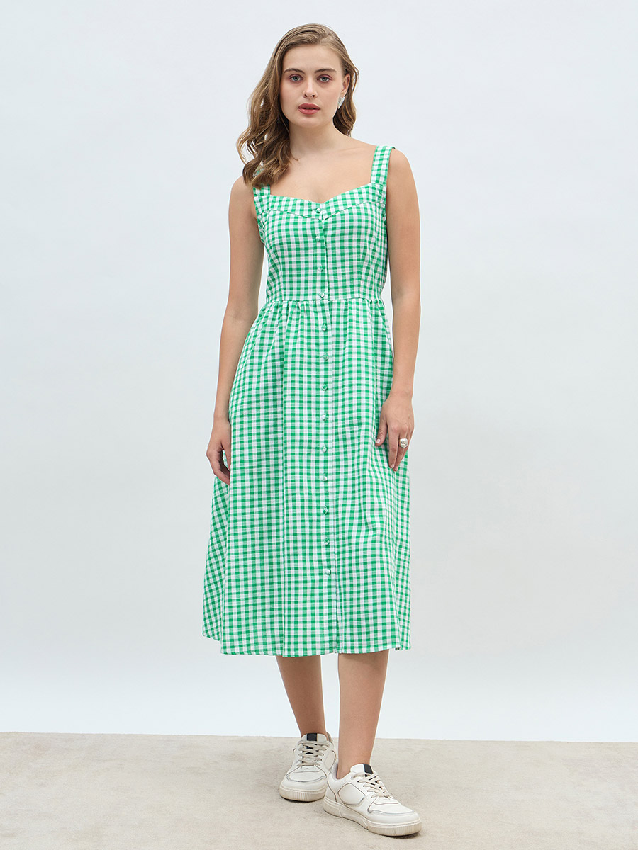 Thin Strap Gingham Pattern Dress - Green