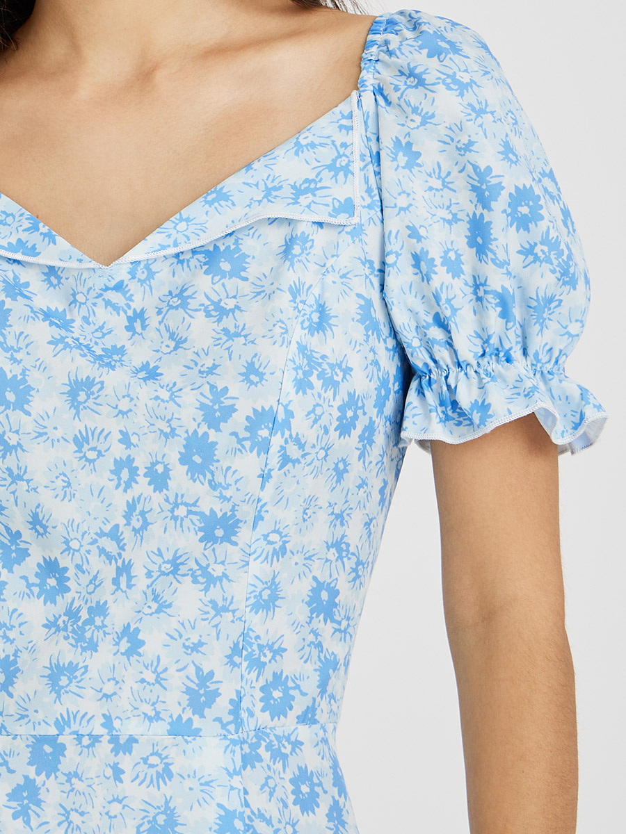 Buy Floral Print Puff Sleeve A-Line Midi Dress Blue For Women | Styli UAE