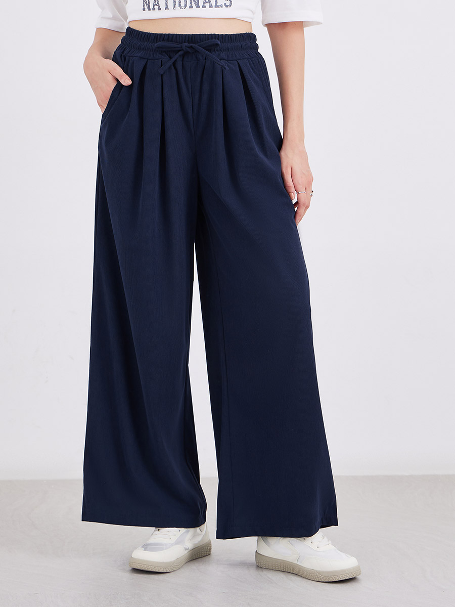 Women Navy Blue Corduroy Wide Leg Trousers For Women at Kuwait Styli