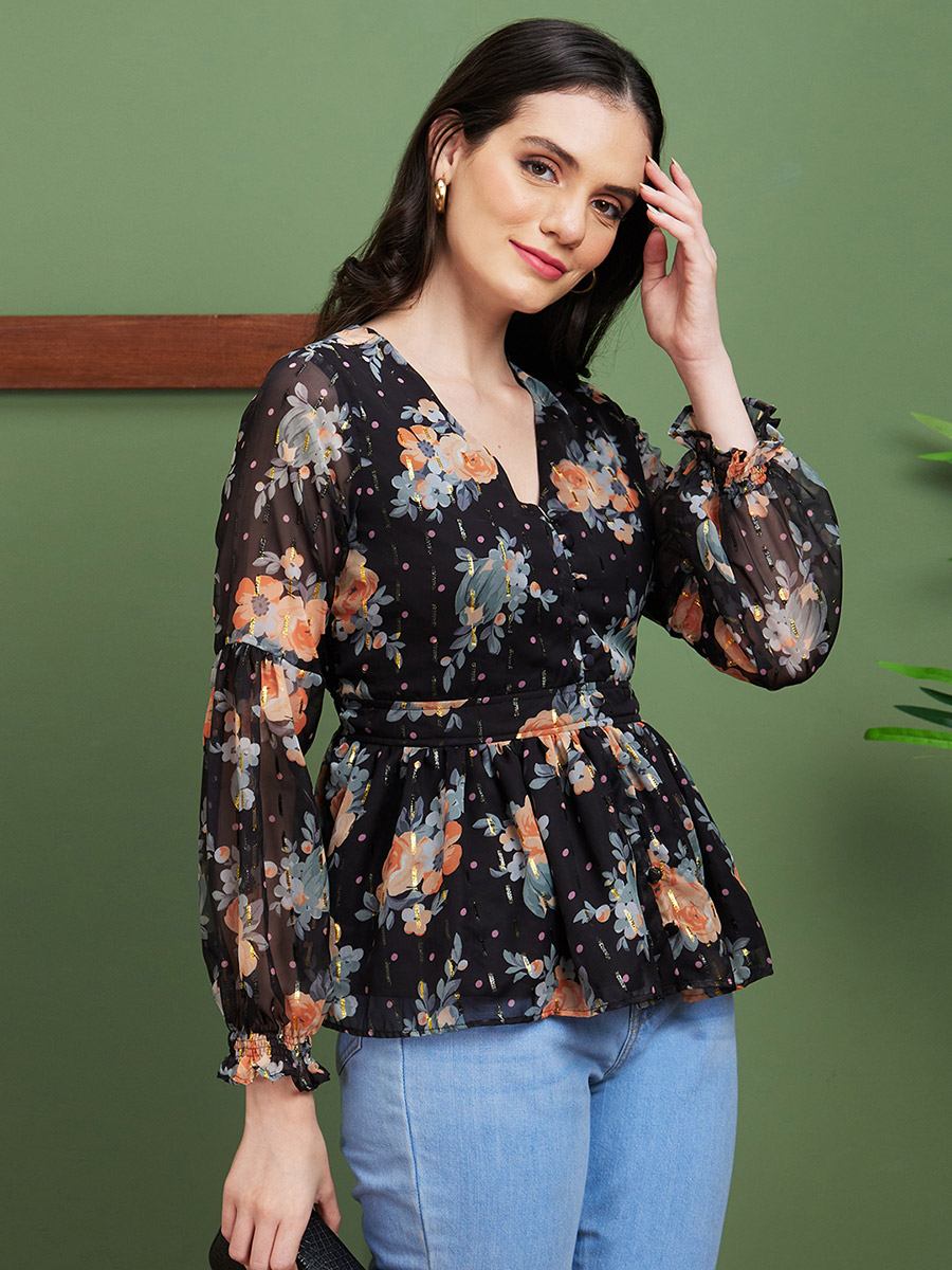 Textured Floral Print V-Neck Peplum Top For Women at Bahrain Styli
