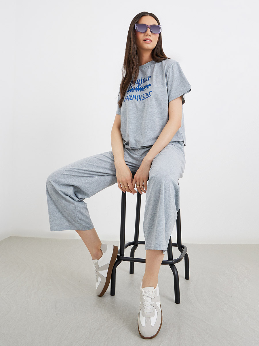 Women Grey Slogan Print T-Shirt and Joggers Co-Ords For Women at