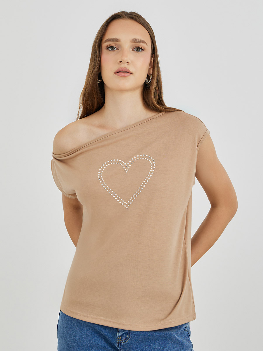 Embellished One Shoulder Short Sleeve T-Shirt For Women at UAE Styli