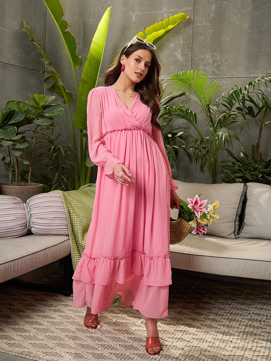 Pink Layered Frill Hem Maxi Dress For Women at Qatar Styli