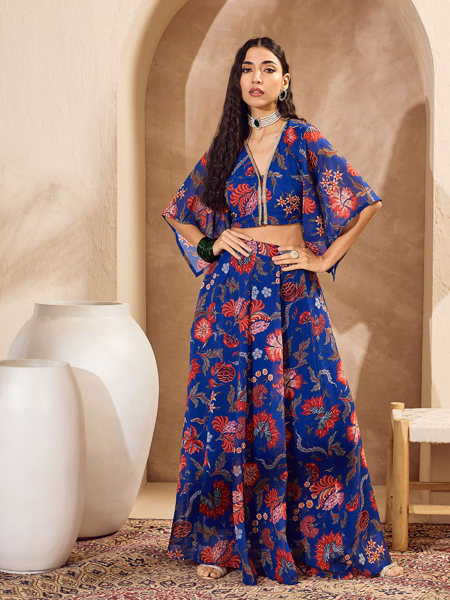 Blue Floral Print V-Neck Crop Top with Anarkali Skirt Co-Ords For