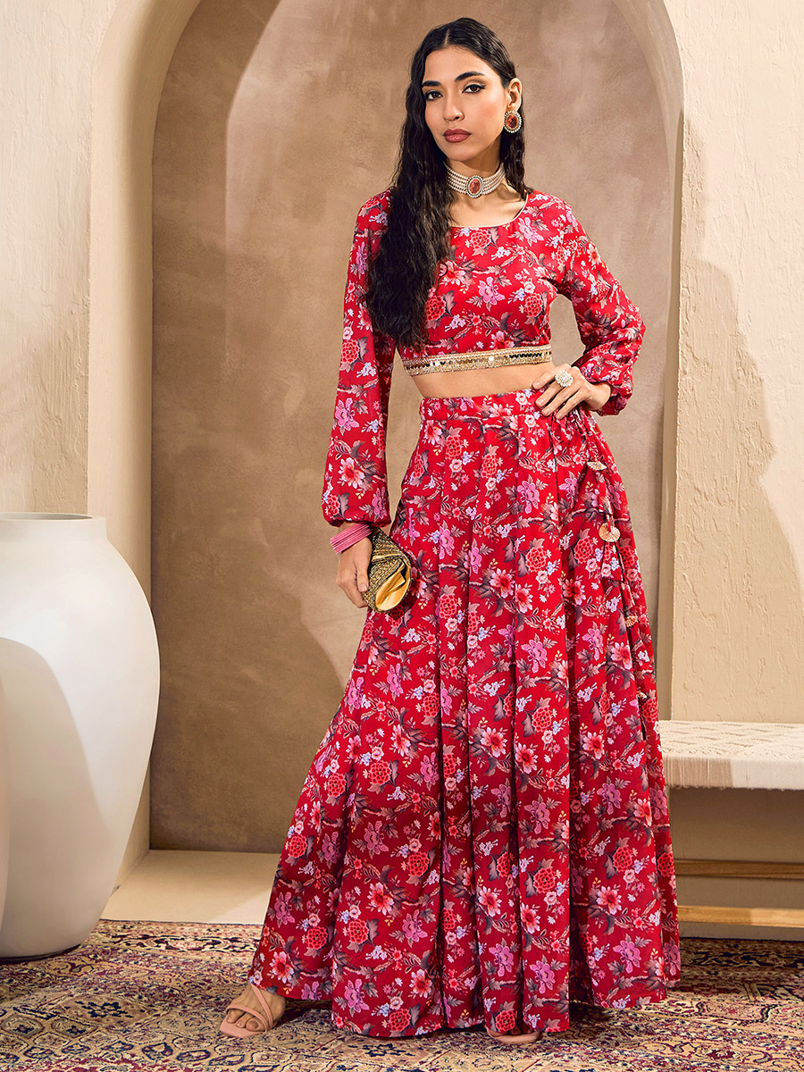 Red Floral Print Round Neck Crop Top with Anarkali Skirt Co-Ords