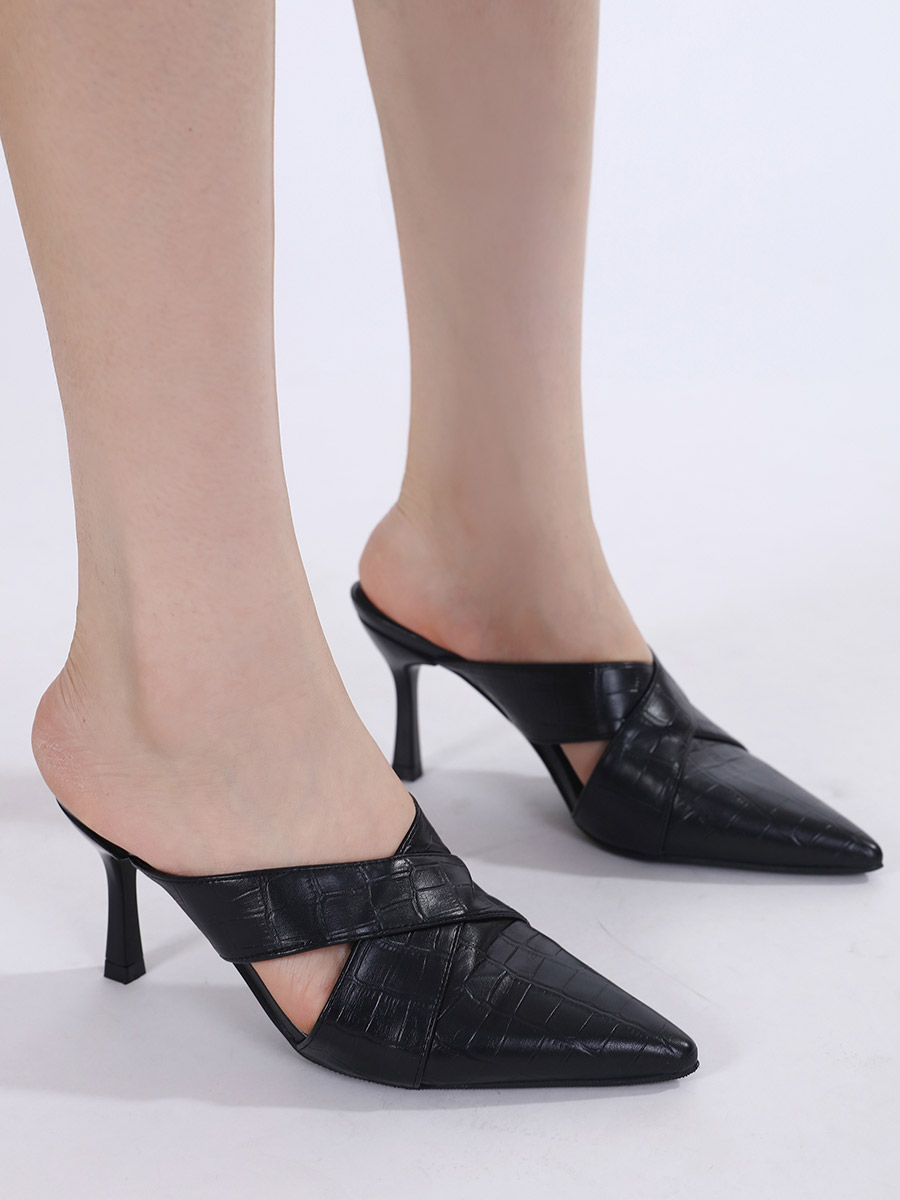 Textured Cross Strap Pointed Toe Mules For Women at Bahrain Styli