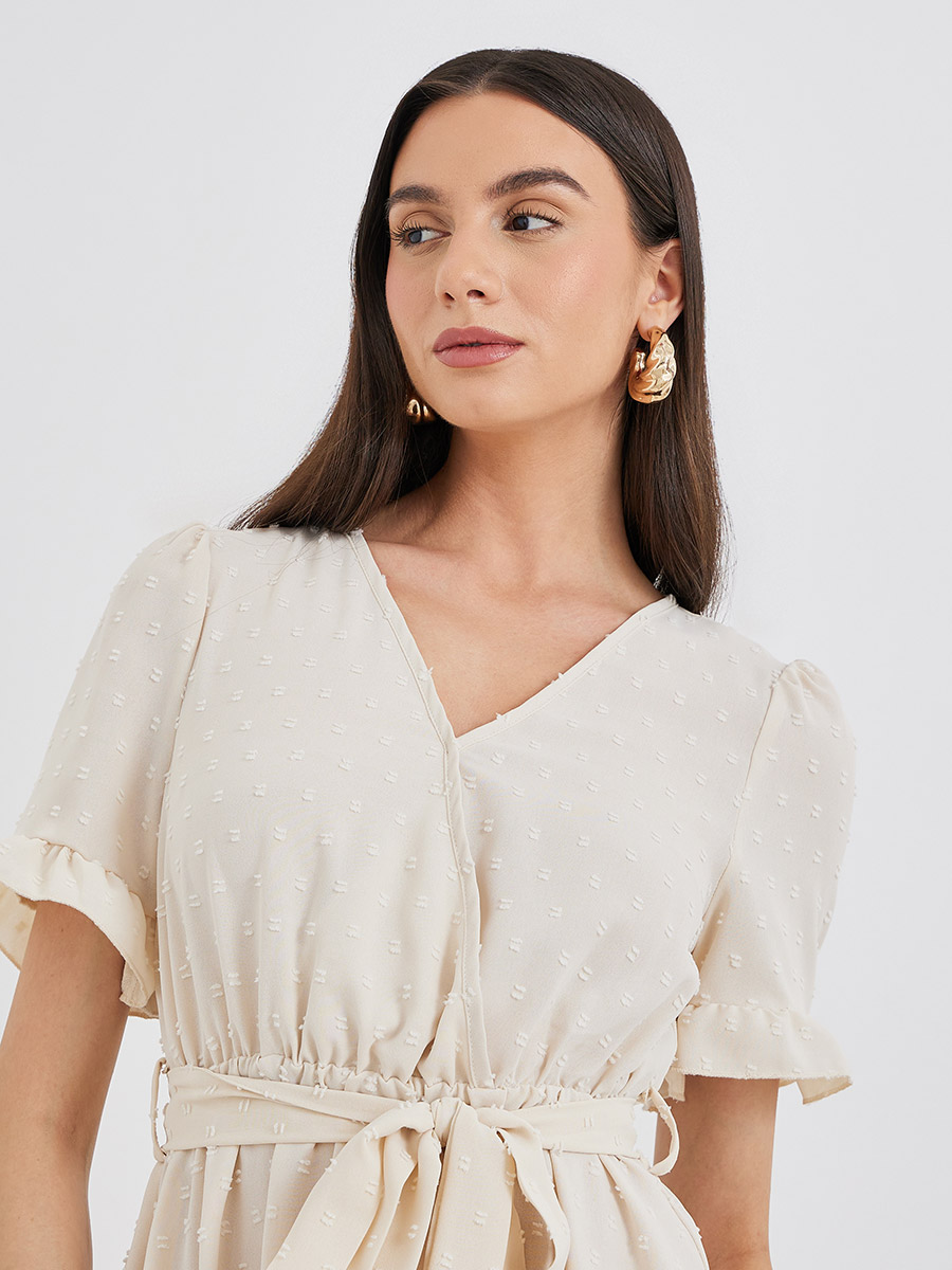 V-Neck Solid Summer Swiss Dot A-Line Midi Casual Women Belted Elastic Waist Beach Wear Tunics Dress