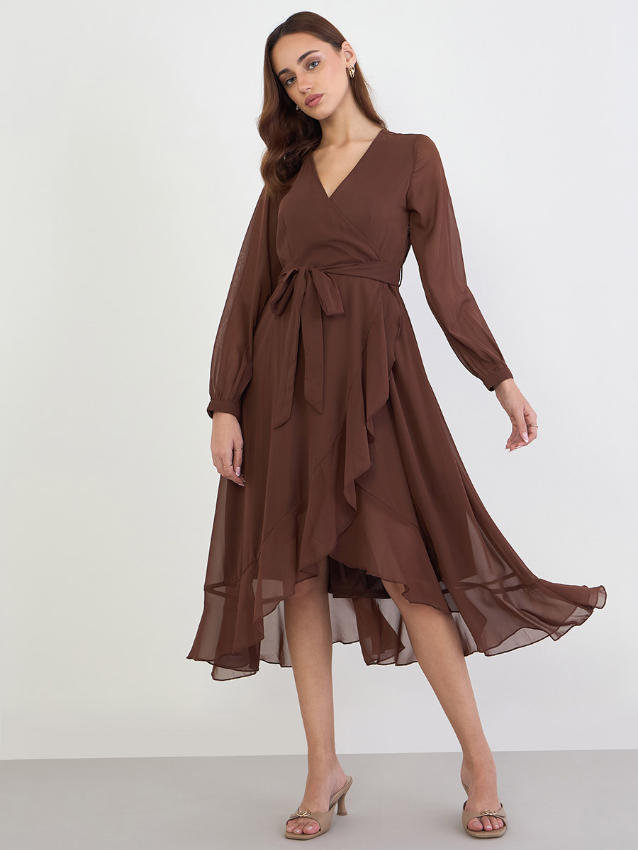 womens cotton midi dress Camel Cheesecloth Black silk wrap dress Size:6 colourway-harrie