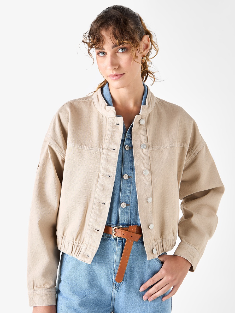 Mandarin Collar Denim Jacket with Button Closure For Default